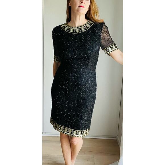 Vintage 80s Silk Beaded Sheath Dress, Formal, Black Tie Cocktail Kazar Blk/Gld - Picture 13 of 16